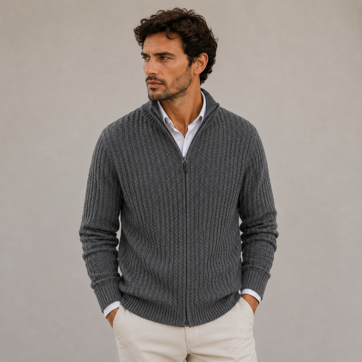 Men's Full Zip Textured Knit Sweater