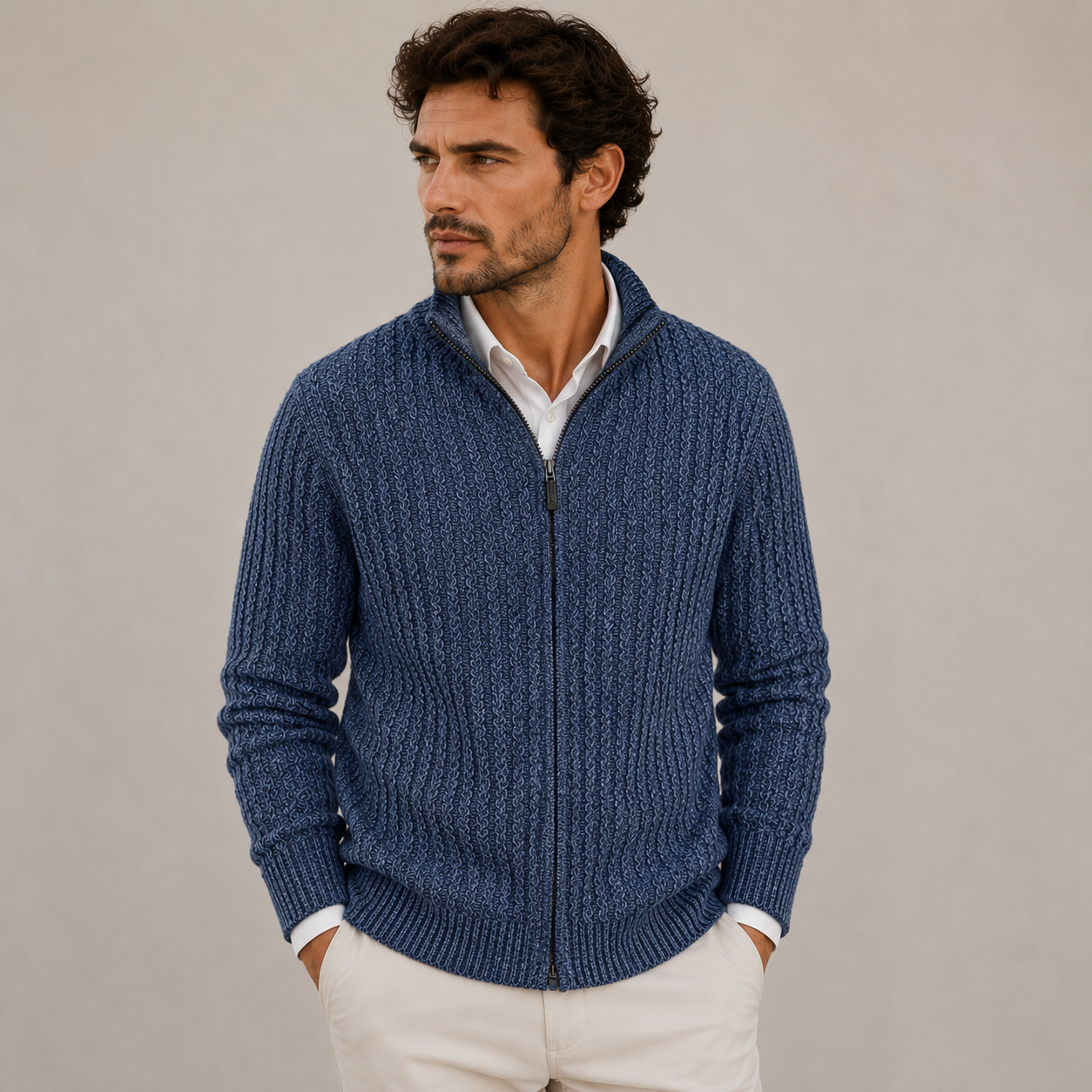 Men's Full Zip Textured Knit Sweater