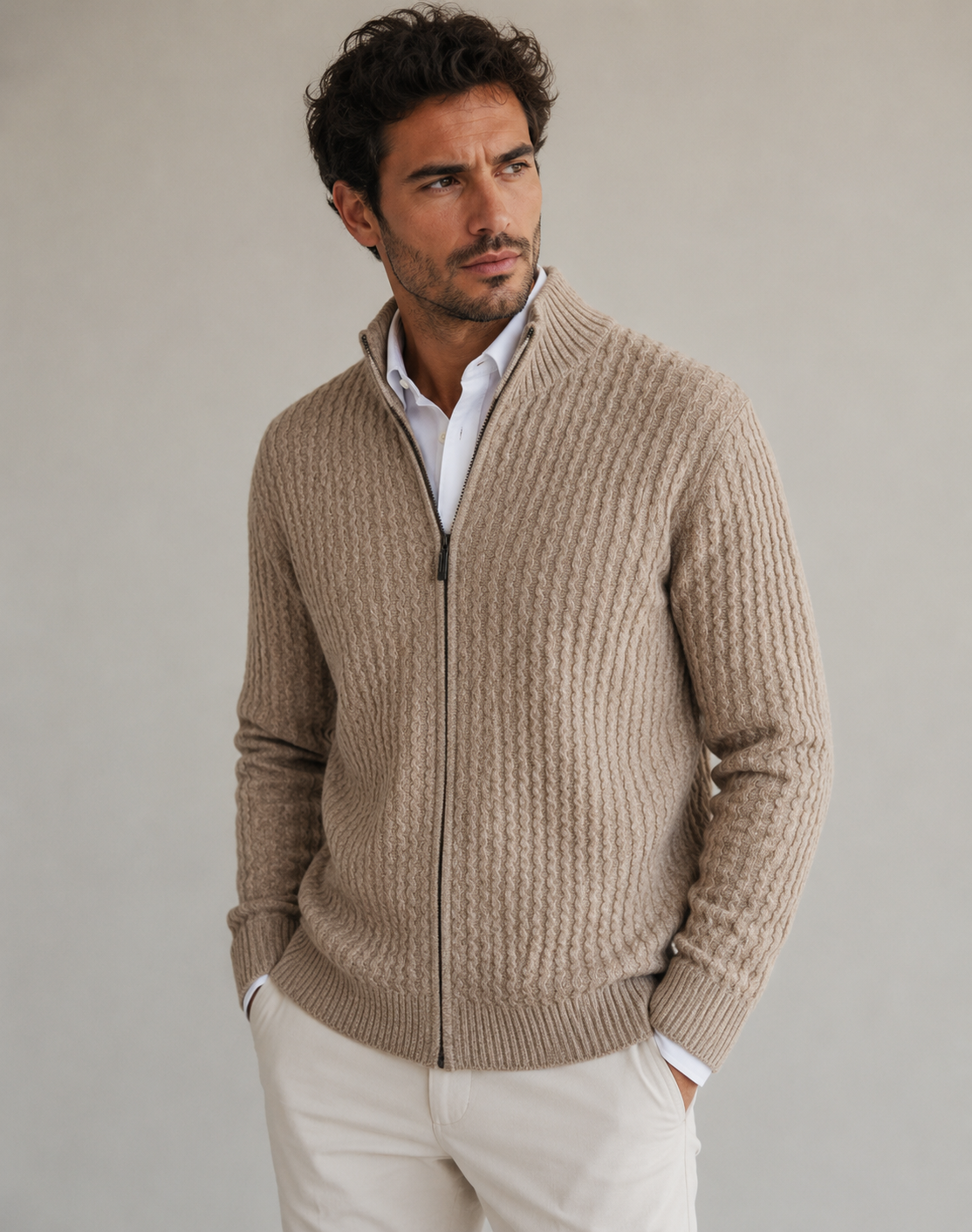 Men's Full Zip Textured Knit Sweater